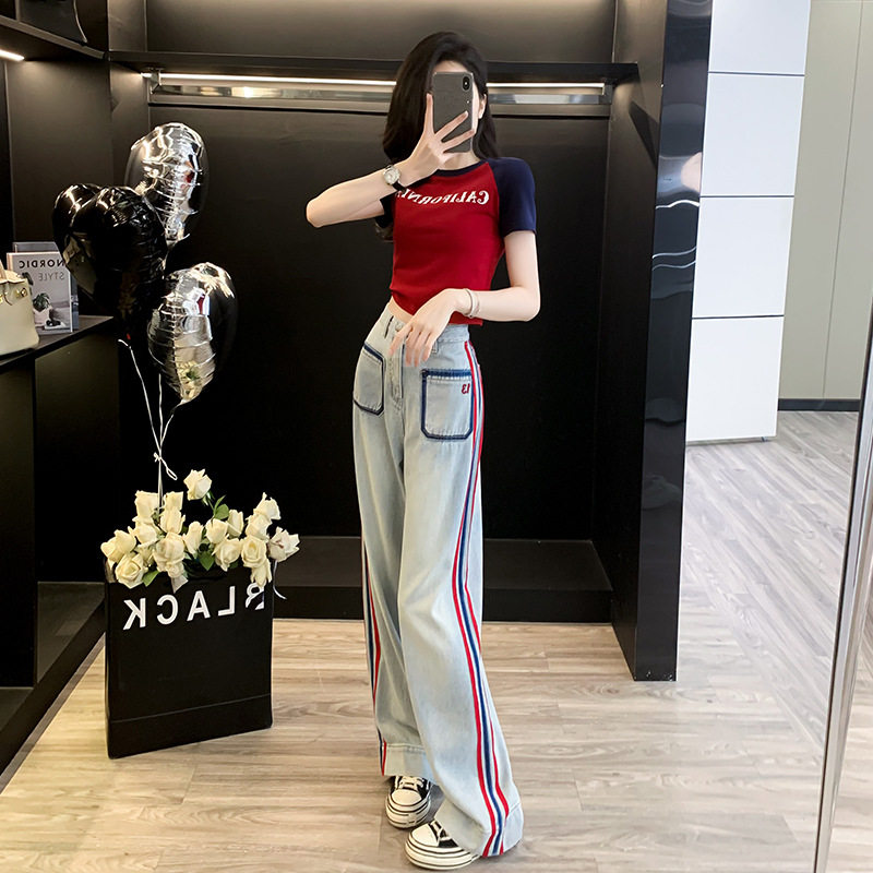 夏季小个子显高休闲时尚套装女红色短款短袖T恤阔腿牛仔裤两件套