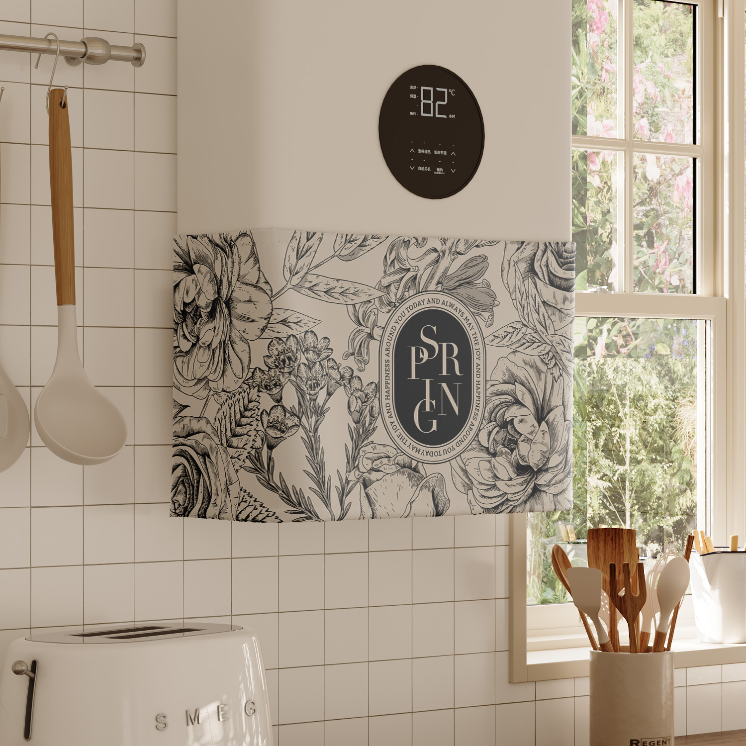 新古典花卉热水器遮挡帘罩布水管遮丑帘布厨房燃气炉装饰帘魔术贴