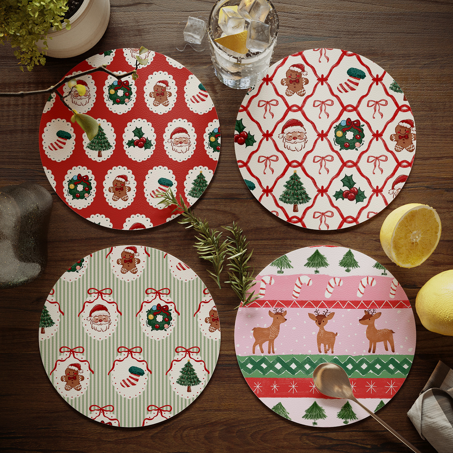 圣诞主题 餐桌隔热垫圆形小餐垫免洗防水防油碗垫盘垫水杯垫子