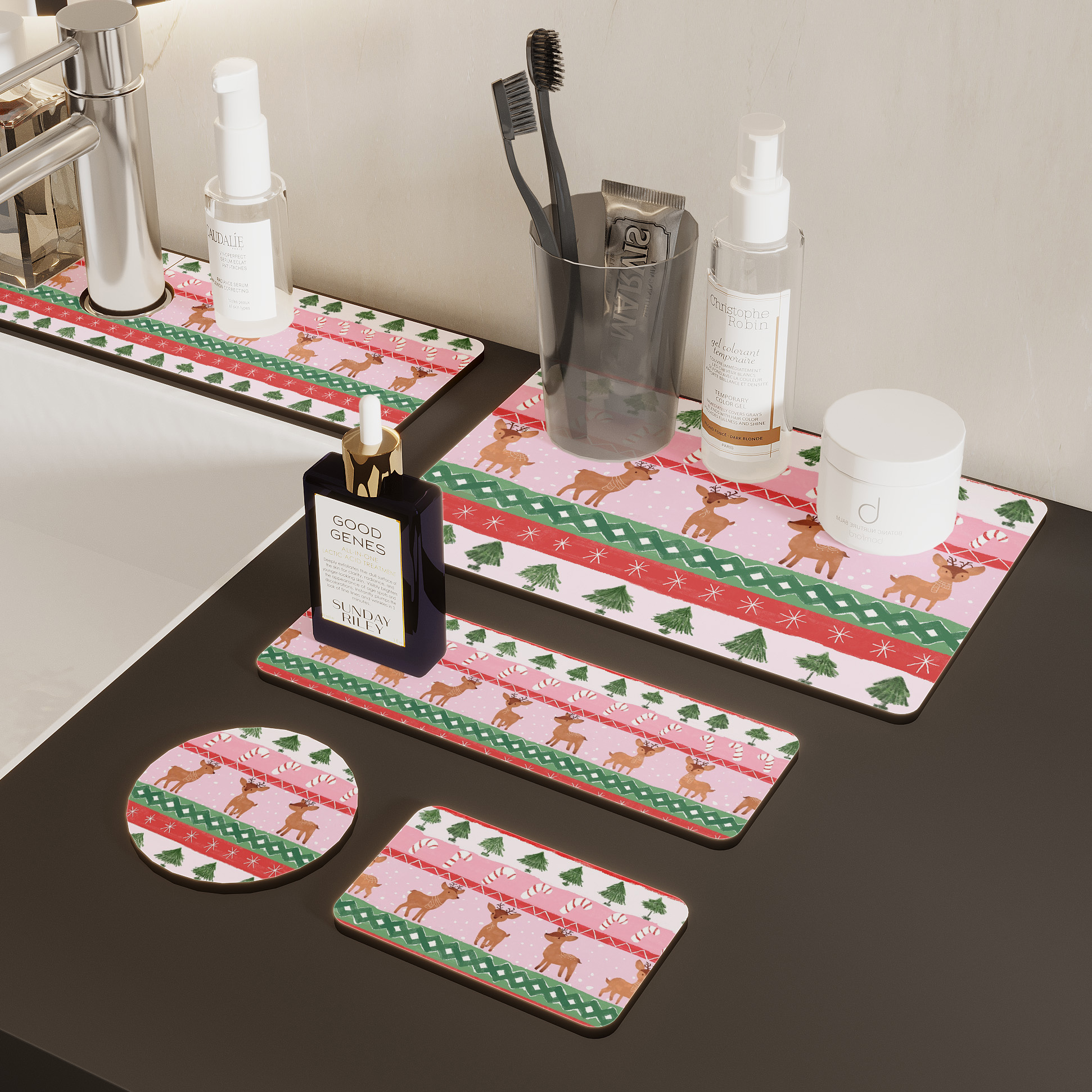 圣诞主题硅藻泥水杯吸水垫台面洗手台漱口杯牙刷杯垫家用杯垫子