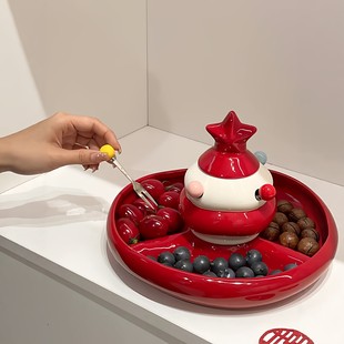 创意自带果叉水果盘新年星星果盘家用客厅桌面陶瓷干果糖果盘2026