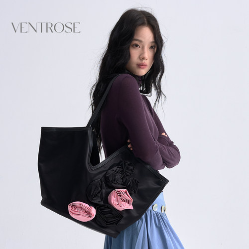 VENTROSE原创Blossom系列丝光尼龙PU拼接V型托特包大容量单肩包