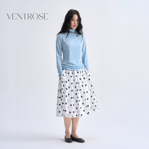 VENTROSE慵懒风贝壳扣堆堆领高领打底衫女秋冬长袖纯色上衣简约