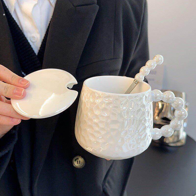珍珠陶瓷马克杯带盖子勺子精致女生手柄咖啡杯高颜值办公室喝水杯