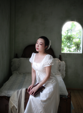 87Pv复古Vintage纯棉刺绣收腰显瘦帝政裙连衣裙