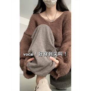 大码胖mm巨显瘦女糯米裤子宽松bf慵懒风咖啡色冬季加绒阔腿休闲裤