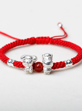 纯银12生肖马羊六合手链编织情侣手绳999足银红绳手链女本命年男