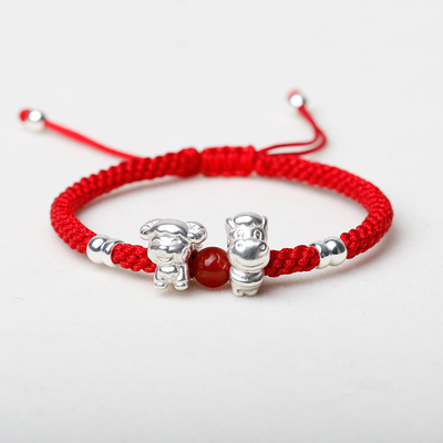 纯银12生肖马羊六合手链编织情侣手绳999足银红绳手链女本命年男