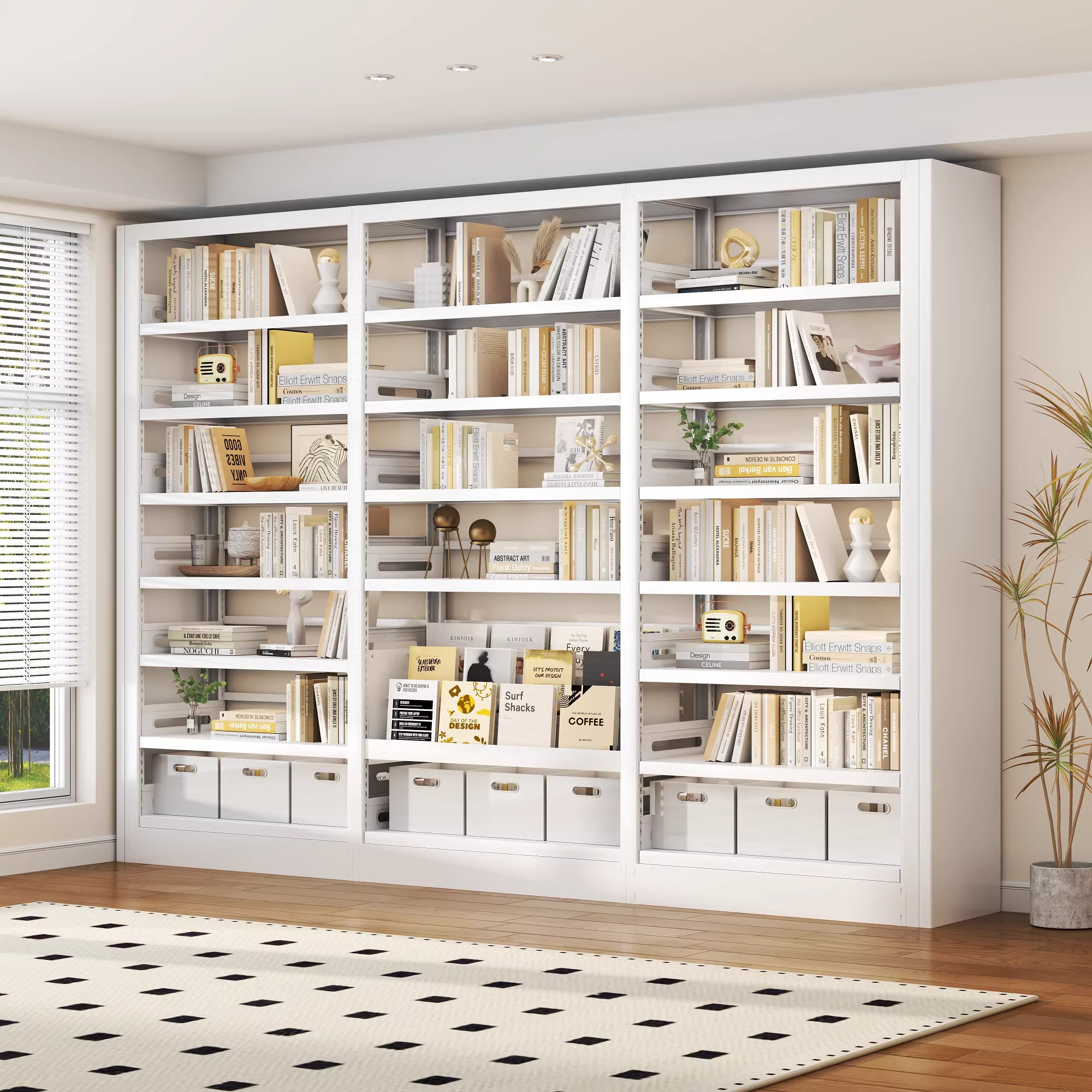 亿莱特家用图书馆书架落地置物架钢制书架落地儿童书柜一体整墙铁