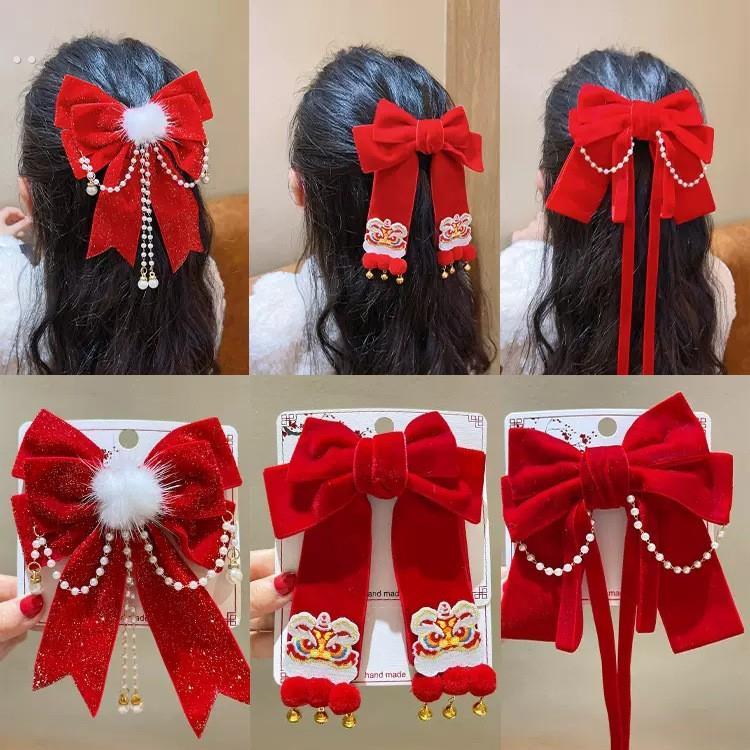 2025新年儿童蝴蝶结发夹女童过年中国风红色飘带发夹女孩夹子发饰
