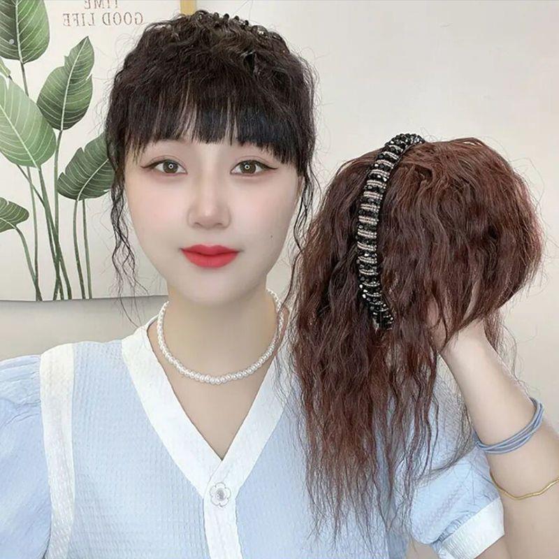 假发女水钻发箍浏海一体头顶补发片自然遮白发假浏海卷发贴片