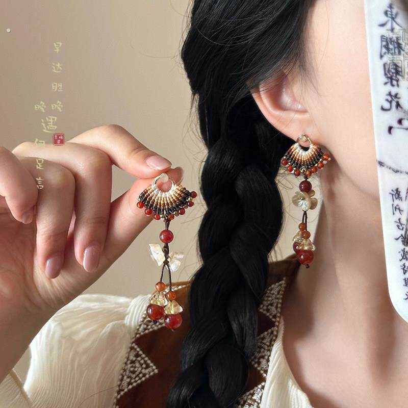 新中式流苏耳环女夏季覆古古风国风海边度假风耳针适合夏天的耳饰