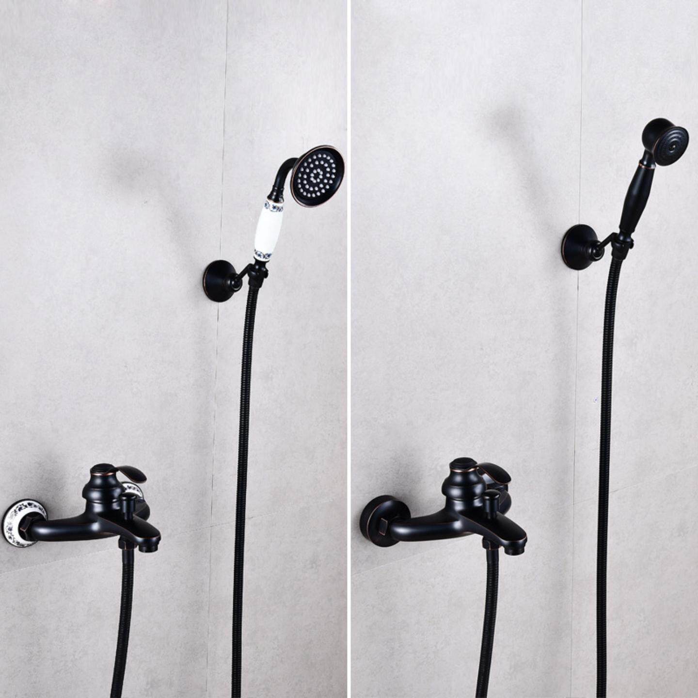 欧美式浴室全铜黑古铜色浴缸龙头小喷头淋浴简易冷热花洒套装木桶