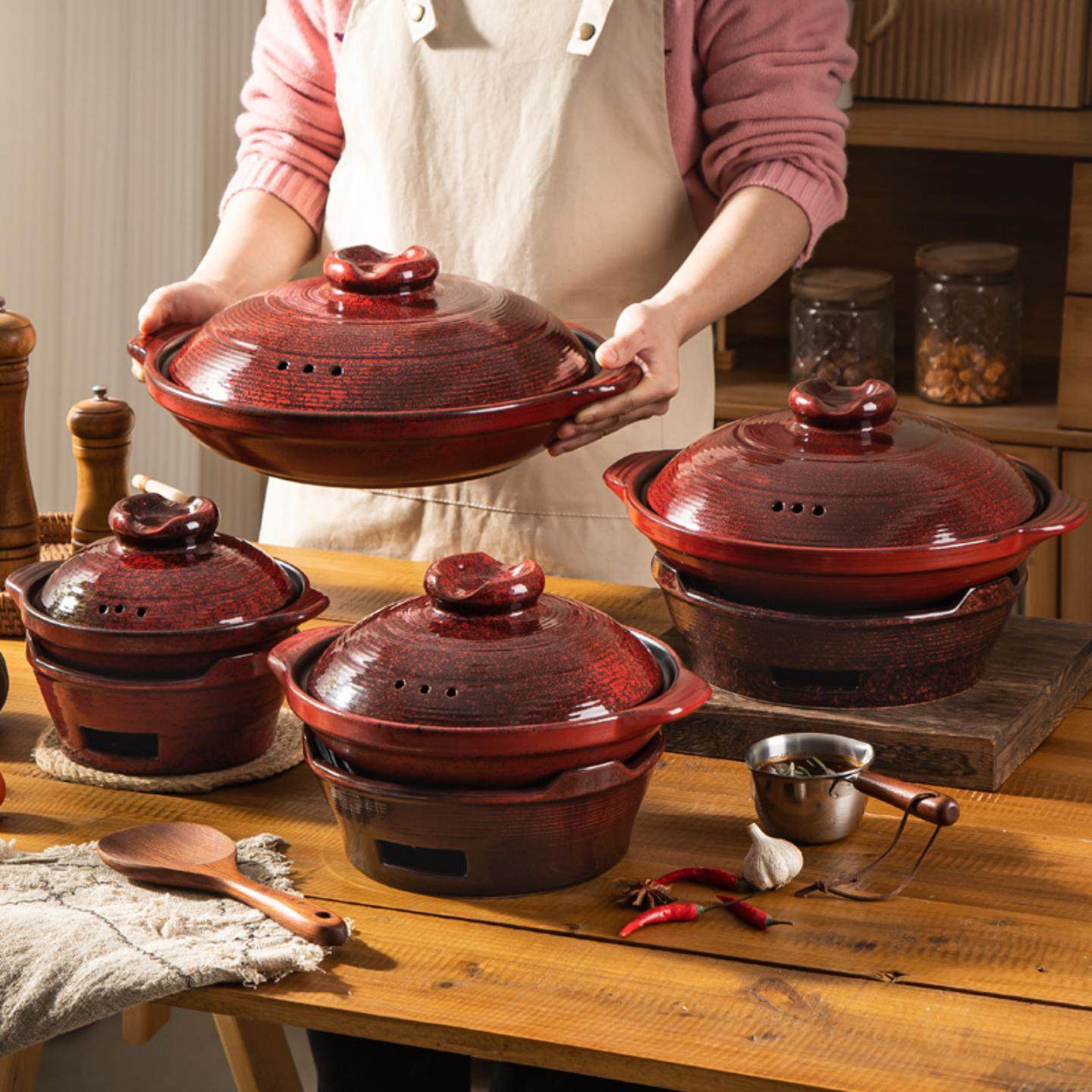 耐高温网红陶瓷干锅专用沙锅商用红色高级感煲创意酒店餐具砂锅煲