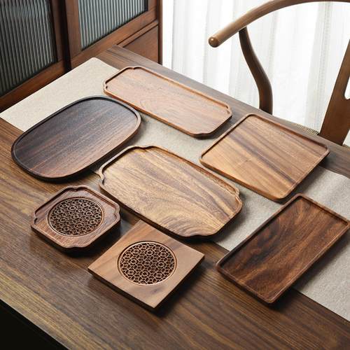 胡桃木茶托盘日式干泡碟圆形北欧