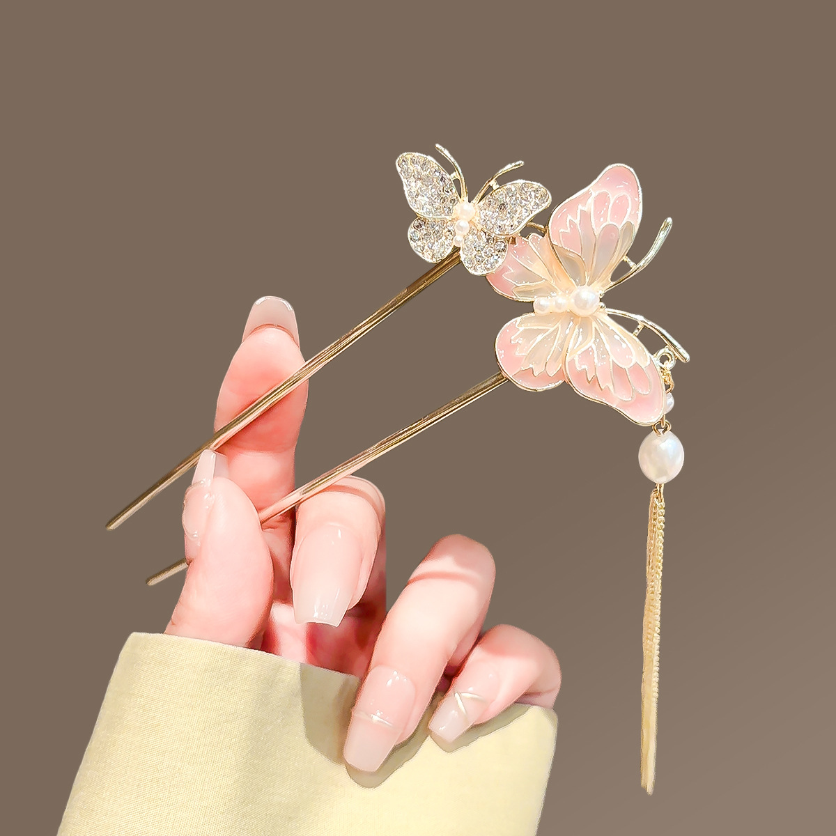 蝴蝶U型发簪女新款古风步摇流苏盘发簪子双插发钗汉服旗袍头饰