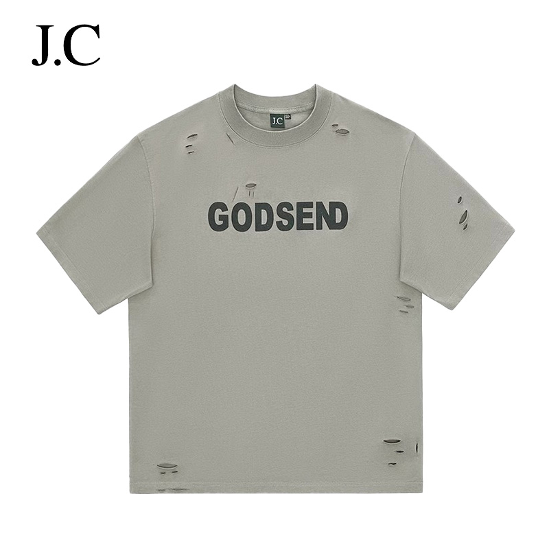 Janecd时尚潮流破洞宽松短袖