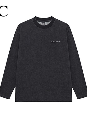 J.C/简裁定染手绘印花美式长袖T恤290克纯棉复古做旧男士圆领上衣