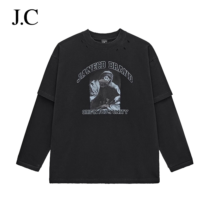 JC/Janecd美式假两件复古印花T恤