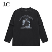 美式 Janecd假两件长袖 复古潮牌高街做旧印花T恤290克宽松上衣