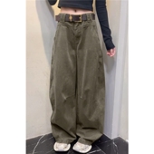 145小个子美式 宽松直筒阔腿拖地裤 军绿弯刀牛仔裤 女2026春秋新款