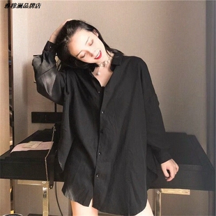 春秋内搭细条纹衬衣上衣宽松女POLO领蓝色简约韩范条纹衬衫打底女