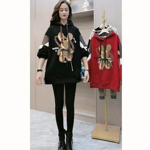 女卫衣加绒套装高腰中长款连帽打底裤加厚蝴蝶结爆款兔子修身秋冬