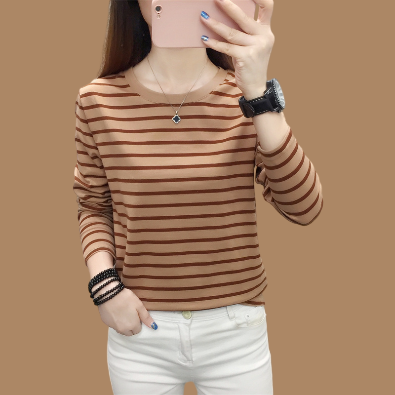 2026新款初秋纯棉长袖t恤女秋衣外穿条纹上衣宽松大尺码打底衫遮