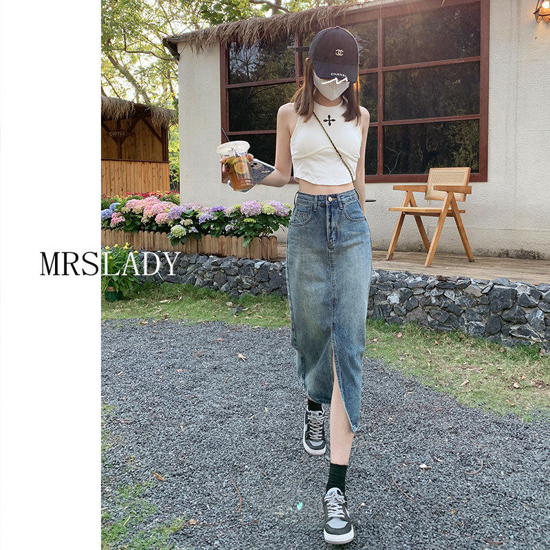 高腰开叉牛仔半身裙女2026新款夏季中a字小个子包臀梨形身材长裙