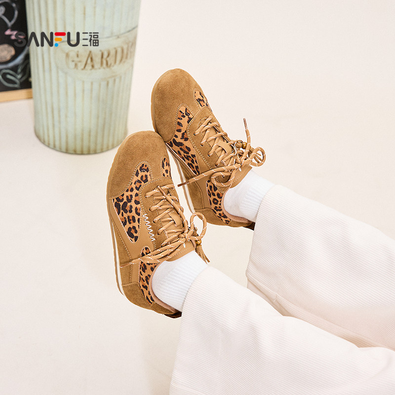 三福女板鞋冬季巴恩少女复古豹纹拼接圆头德训鞋女鞋847952,女鞋,休闲板鞋,淘宝优惠券,粉丝福利购,淘宝优惠卷
