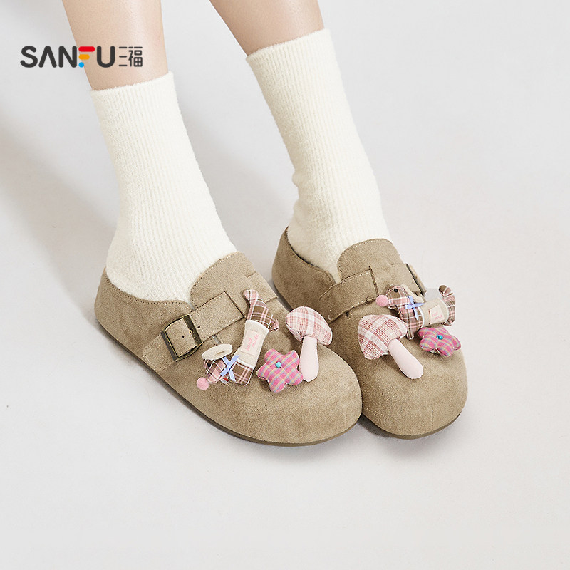 三福女凉拖鞋春季玩趣菁英布艺玩偶半拖休闲勃肯鞋女鞋852656,女鞋,包头拖,淘宝优惠券,粉丝福利购,淘宝优惠卷