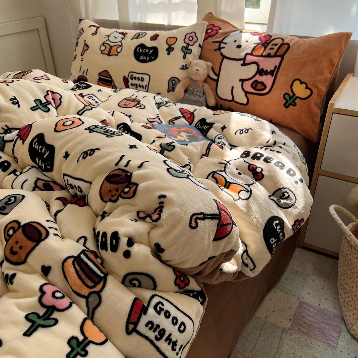 巨好看的四件套绒毛四件套牛奶绒可爱猫咪秋冬保暖双面绒被套法兰