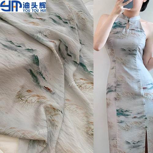 绝美布料苎麻布料如画江南数码印花山水墨图古风连衣裙汉服旗袍面