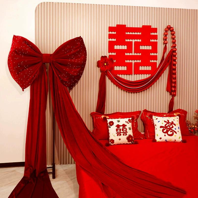 超大红丝绒蝴蝶结装饰婚礼浪漫布置拍照打卡背景墙结婚路引红蝴蝶