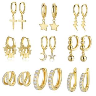 925 Sterling Silver Earrings Gold Color cross Moon Star CZ Z