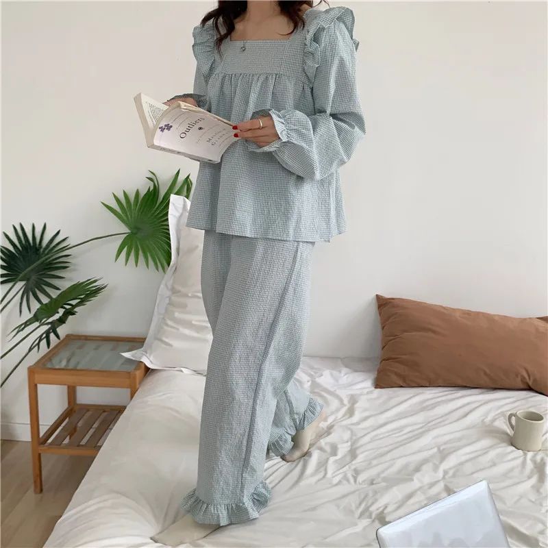 Pajama Set Plaid Homewear Two Piece Set Women Sleepwear Long