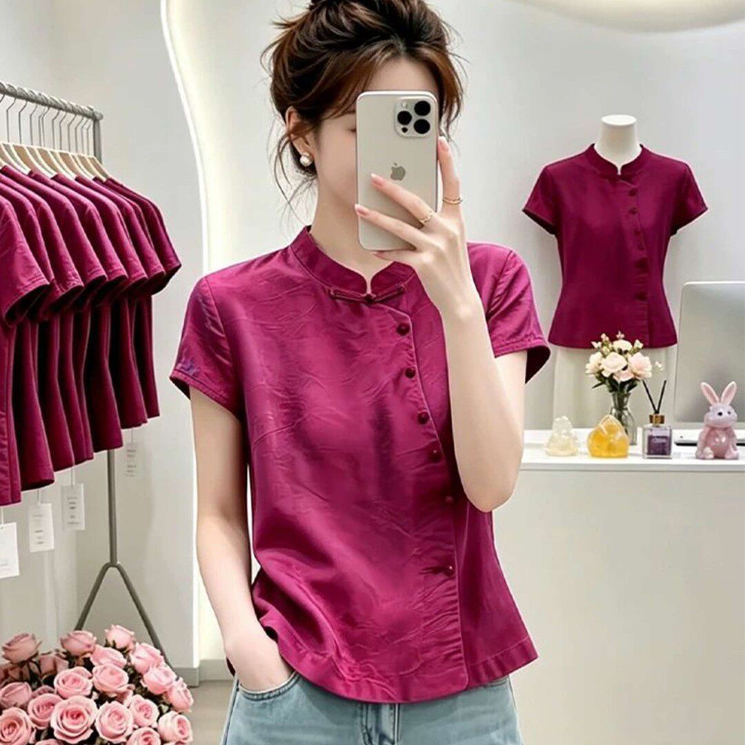 妮彩新中式立领短袖女衬衫百搭