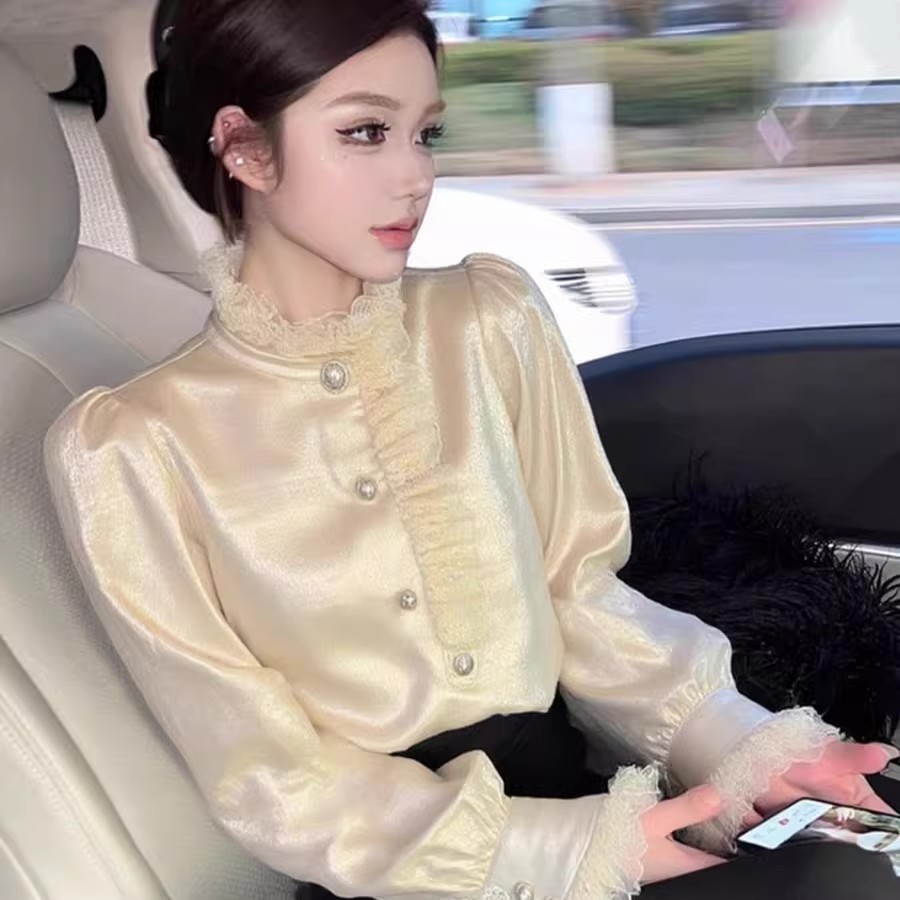 妮彩法式花边立领春季长袖衬衫图片