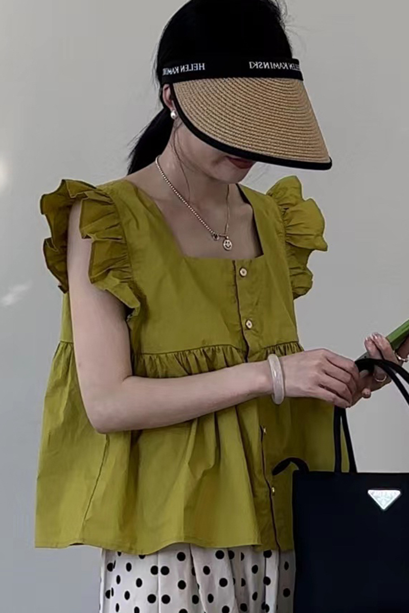 大码胖MM新款韩版百搭宽松显瘦时尚荷叶边方领小飞袖衬衫女装潮