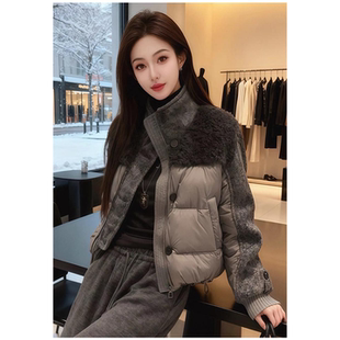 妮彩流行冬季灰色立领拼接棉服外套2025年新款棉衣宽松保暖棉袄女