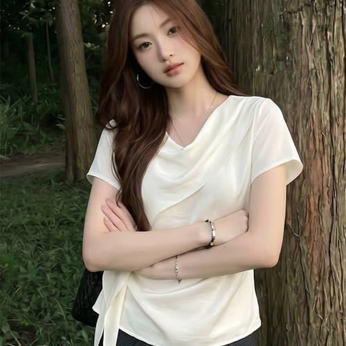 0811e流行法式白色垂折领i短袖t恤女夏季设计感简约飘带显瘦