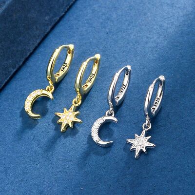 Sterling Silver CZ Star Moon Asymmetric Hoop Earrings for