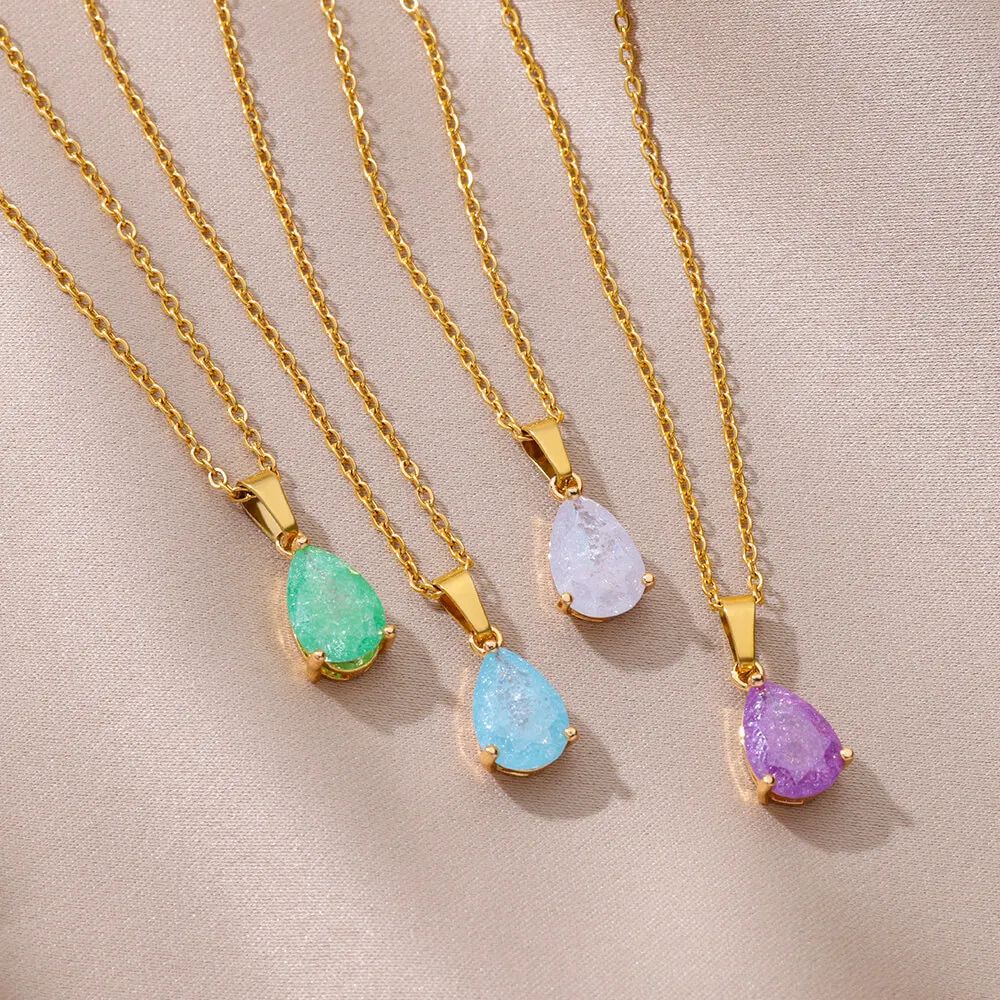 Zircon Teardrop Necklaces For Women Gold Plated Stainless