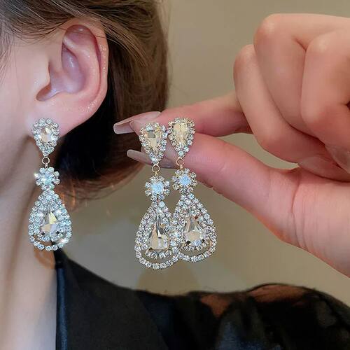 Shining Rhinestone Water Drop Tassel Earrings for Women