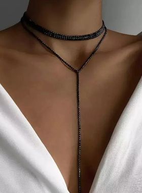 Black Rhinestone Long Tassel Choker Necklace for Women
