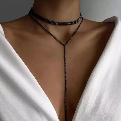 Black Rhinestone Long Tassel Choker Necklace for Women
