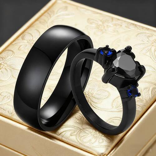Gothic Black Zircon Couple Rings Stainless Steel Band With