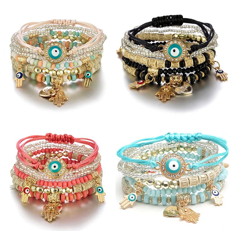 6Pcs/set Bohemian Evil Eye Bracelet Set For Women Fatima