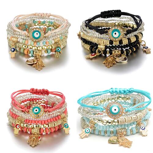 6Pcs/set Bohemian Evil Eye Bracelet Set For Women Fatima