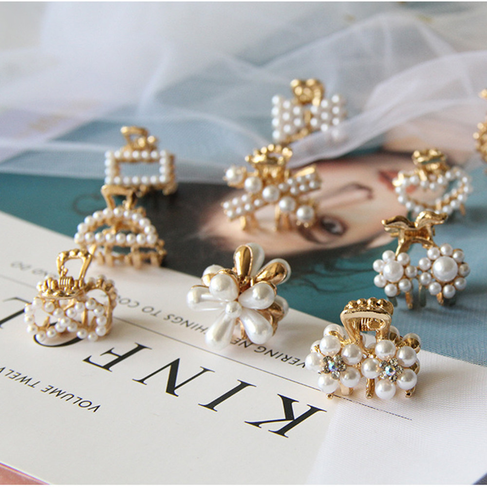 Mini Pearl Hair Claw for Women Girls Retro Rhinestone